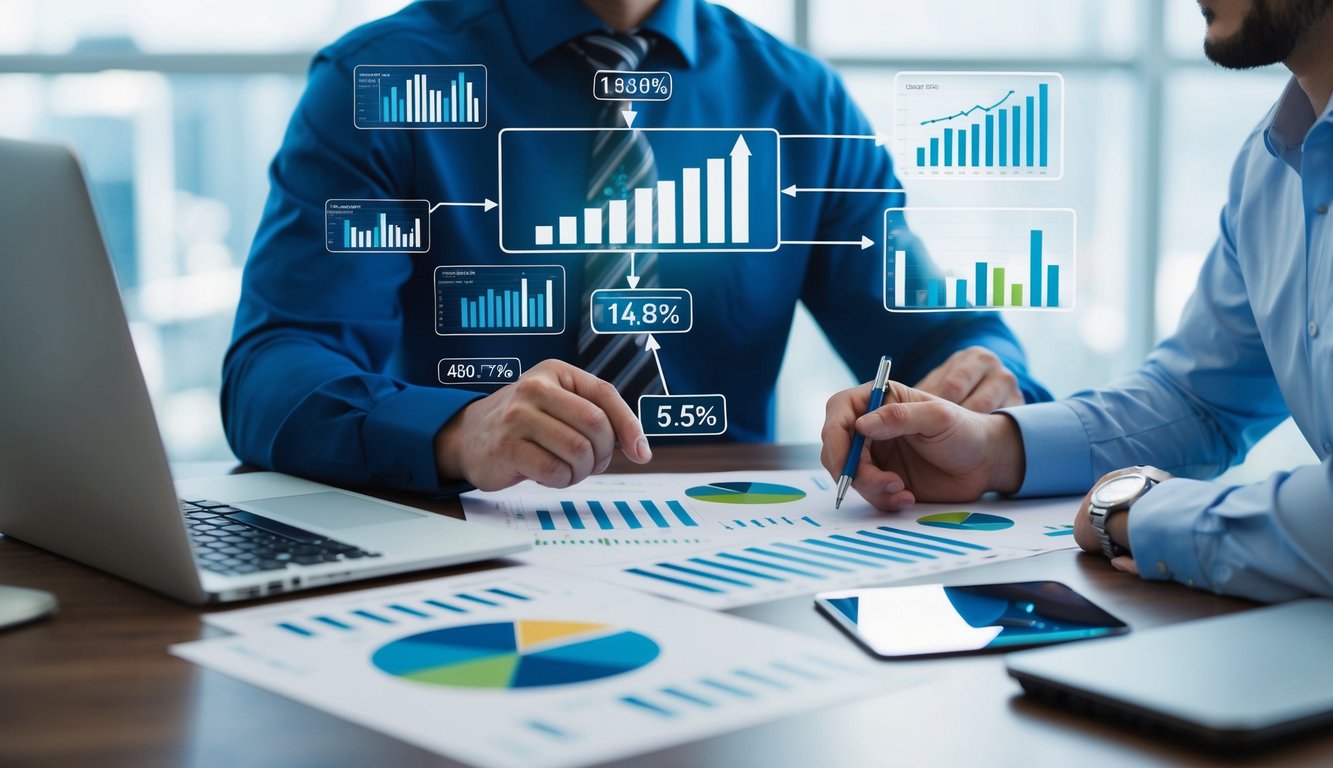 Seorang ahli strategi taruhan olahraga menganalisis data dan membuat perhitungan dengan grafik dan diagram yang tersebar di atas meja