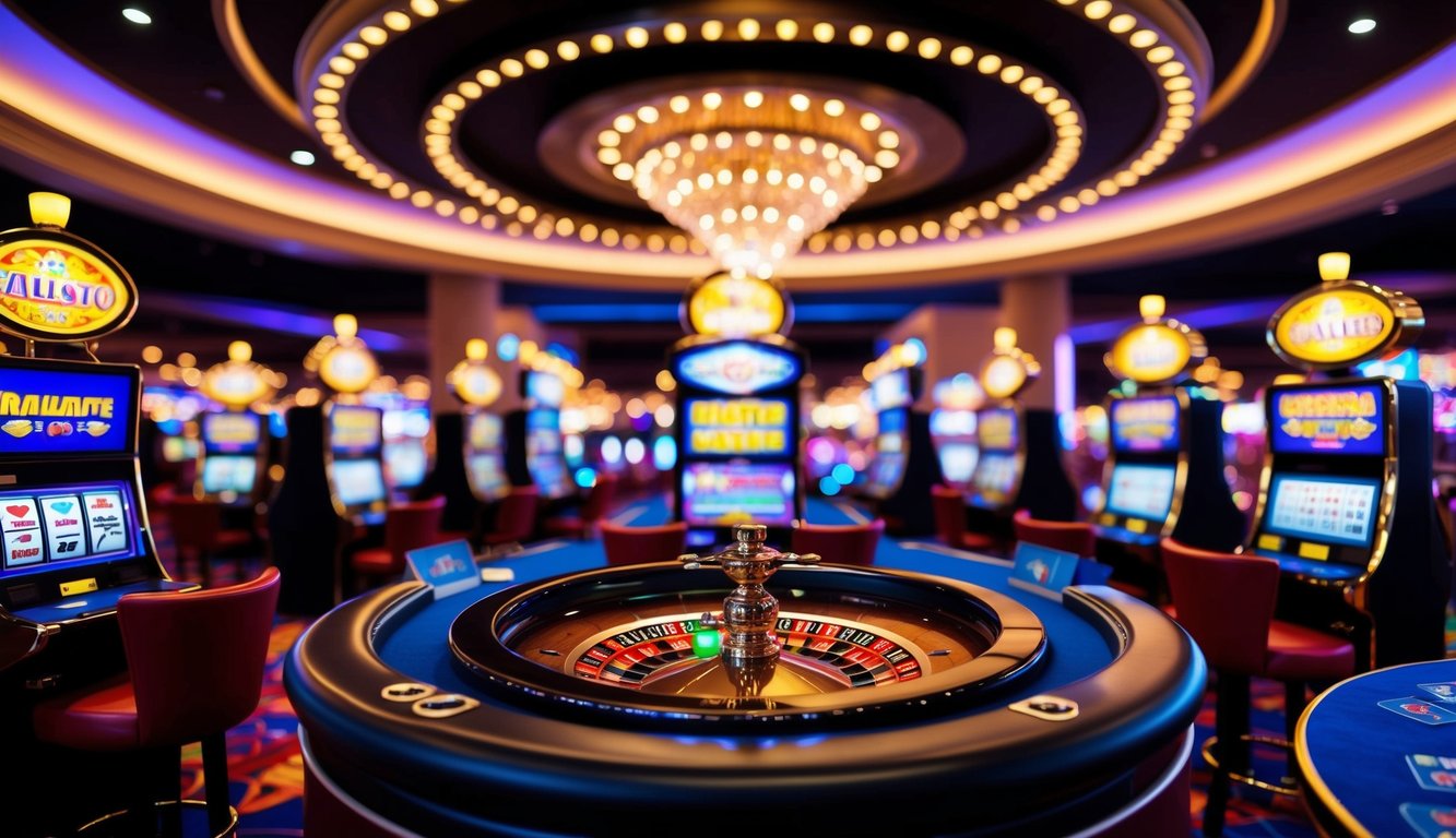 Sebuah kasino virtual yang ramai dan penuh warna dengan mesin slot, meja kartu, dan roda roulette, dikelilingi oleh lampu berkedip dan suasana yang hidup