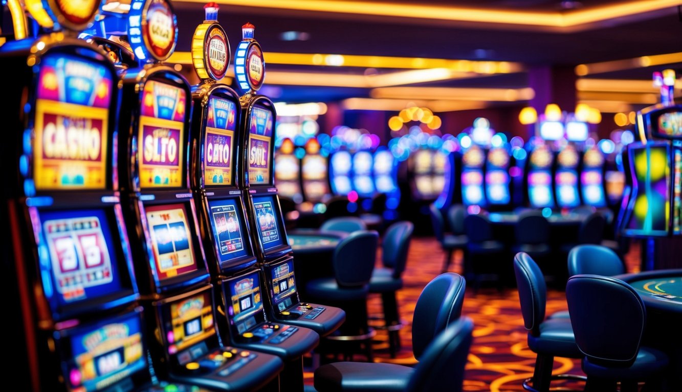 Sebuah kasino virtual dengan mesin slot berwarna-warni dan meja kartu, dikelilingi oleh lampu berkedip dan suasana yang hidup