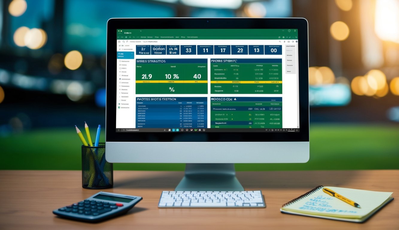 Sebuah layar komputer dengan beberapa tab terbuka, menampilkan statistik dan odds olahraga. Sebuah kalkulator dan buku catatan dengan catatan yang dicorat-coret terletak di dekatnya.
