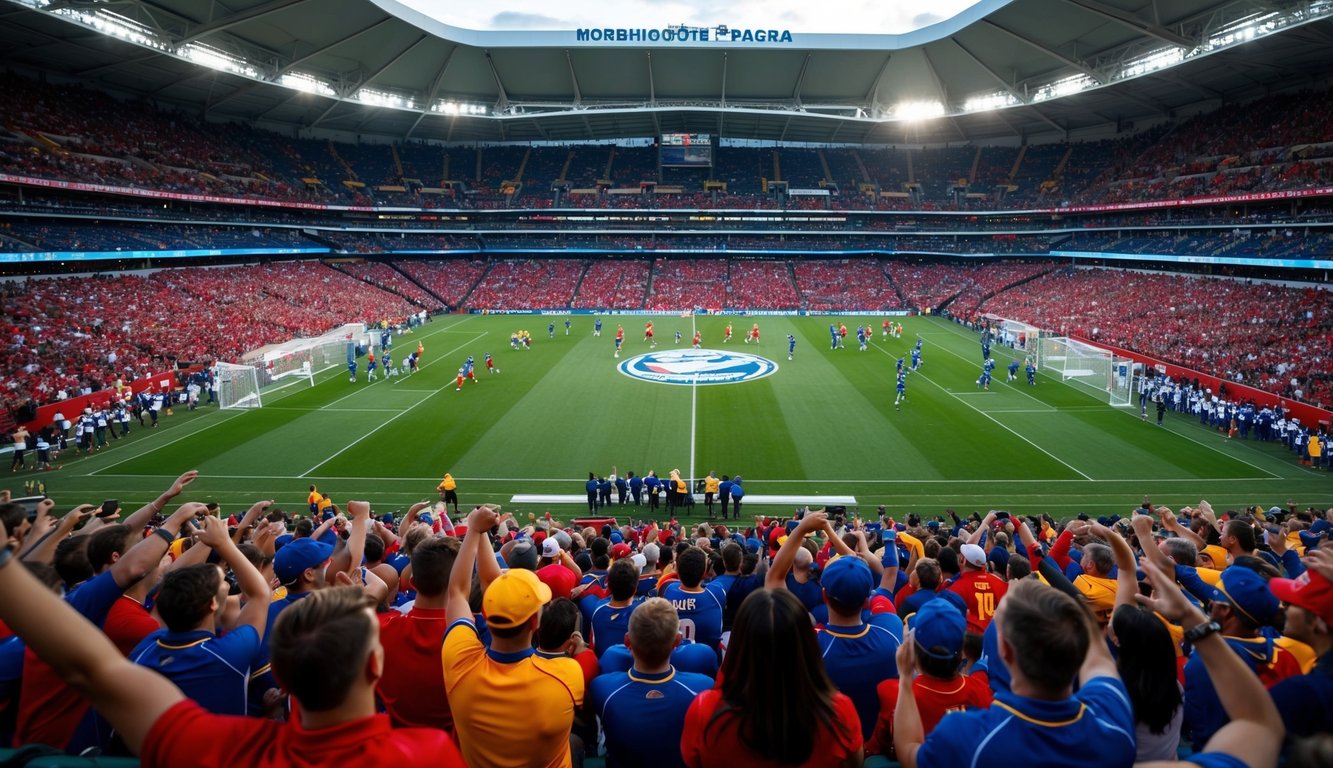 Sebuah stadion olahraga yang ramai dengan penggemar yang bersorak dan tim yang bertanding di lapangan