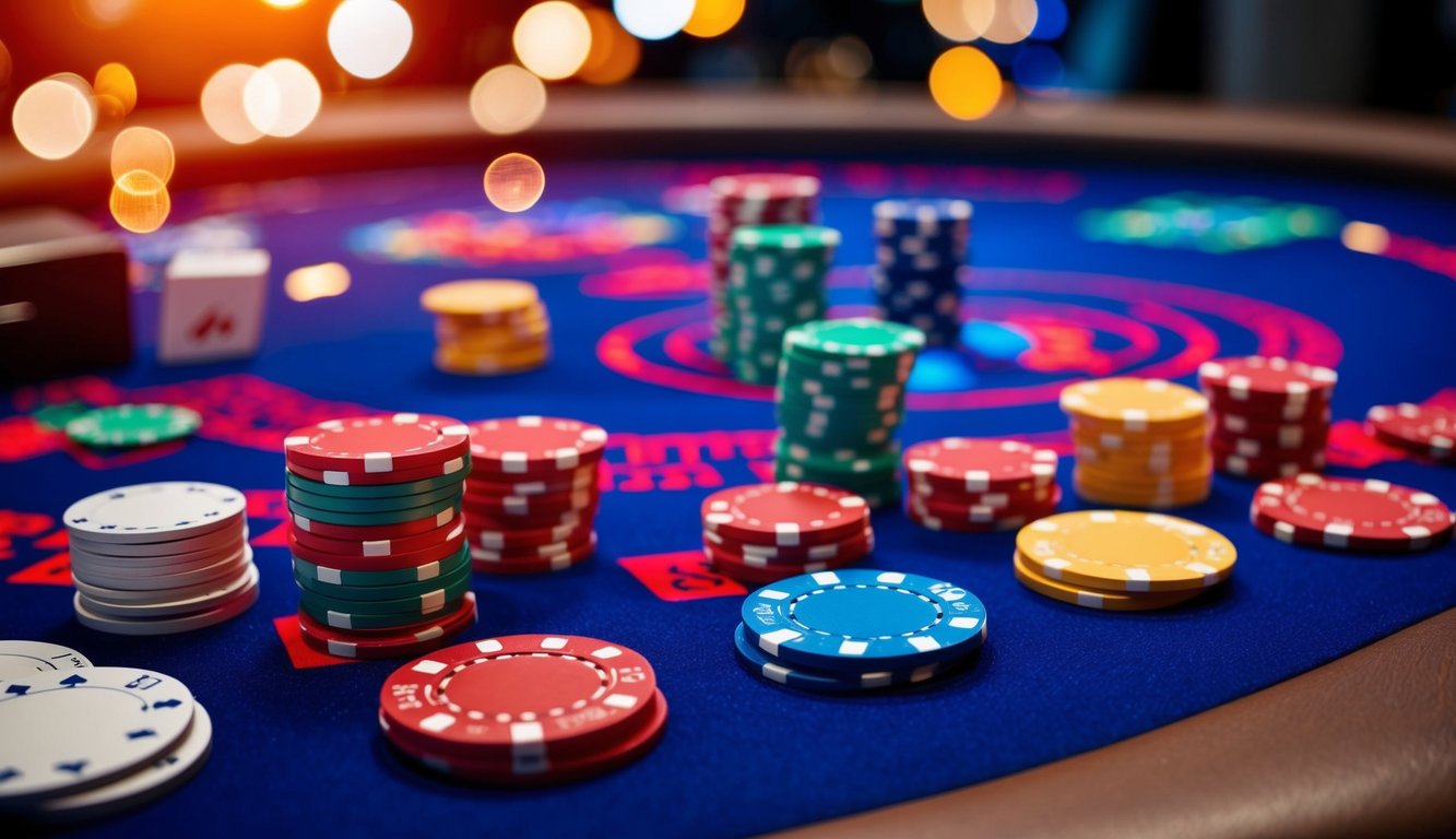 Sebuah meja poker online yang cerah dengan chip dan kartu berwarna-warni