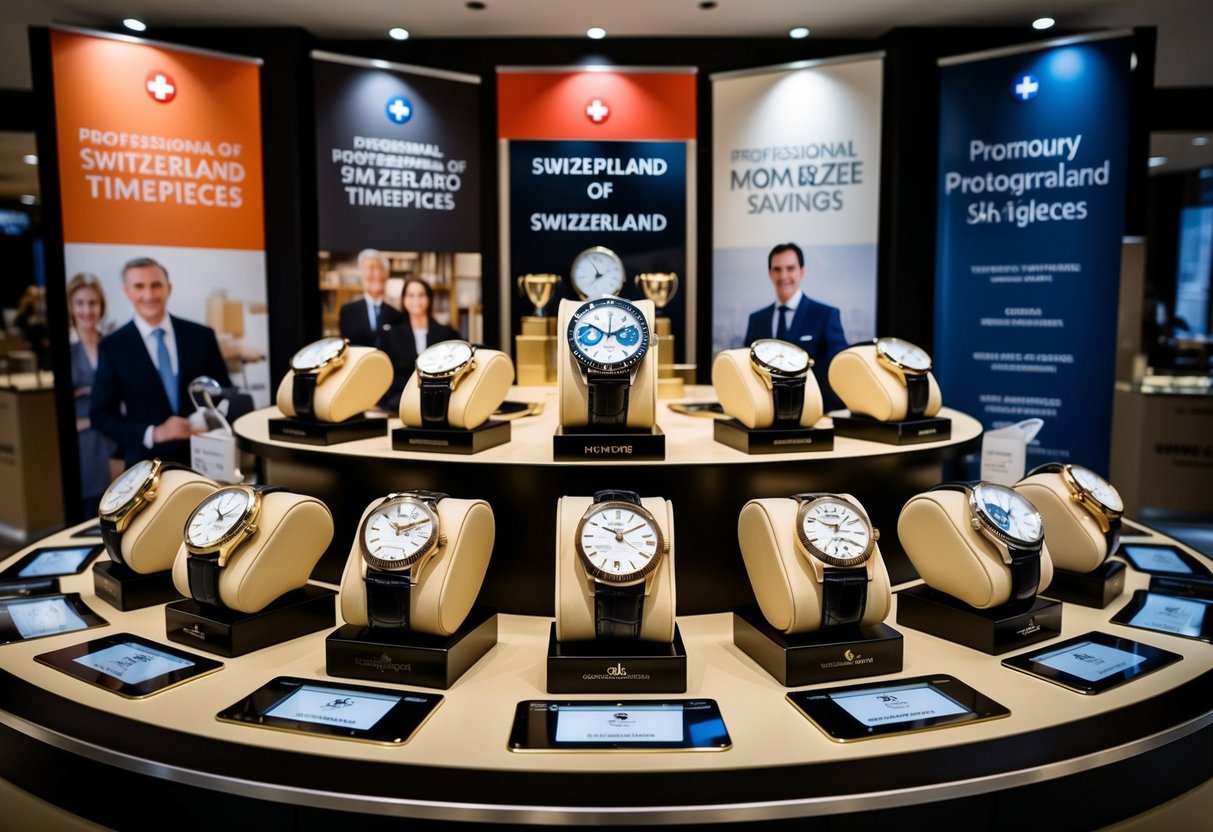 A luxurious display of Watches of Switzerland timepieces, surrounded by promotional banners and signs, creating an enticing atmosphere for customers looking to maximize their savings
