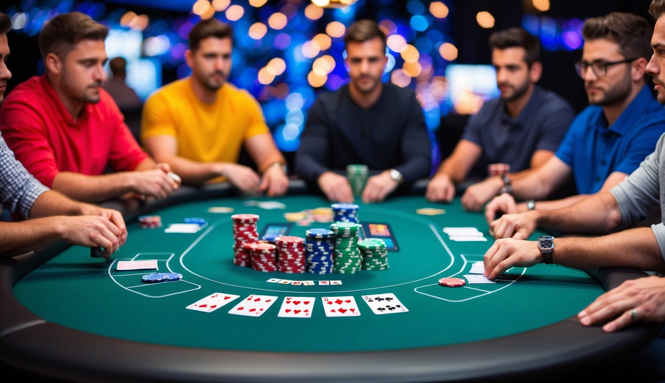 Sebuah meja poker online yang ramai dengan chip dan kartu berwarna-warni, dikelilingi oleh pemain yang antusias dalam suasana virtual