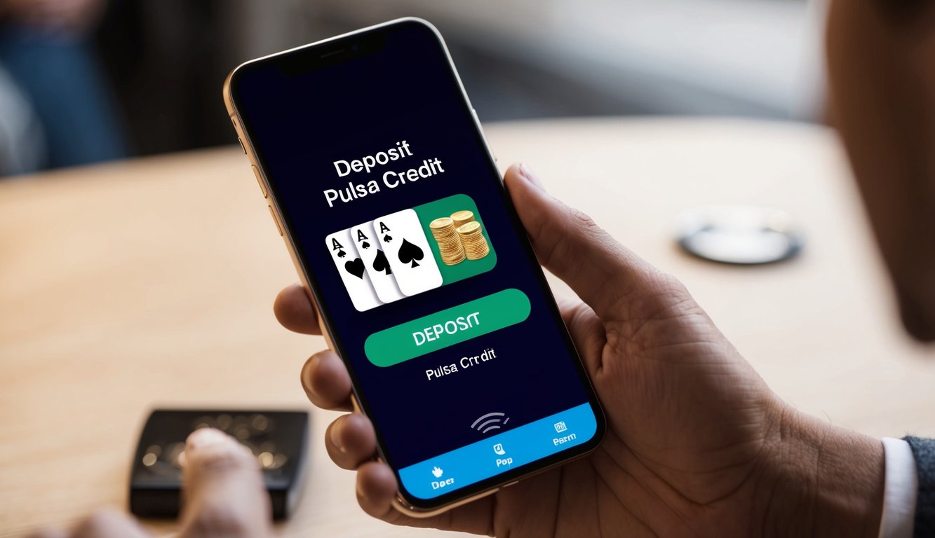 Sebuah smartphone menampilkan aplikasi poker dengan opsi deposit menggunakan kredit pulsa