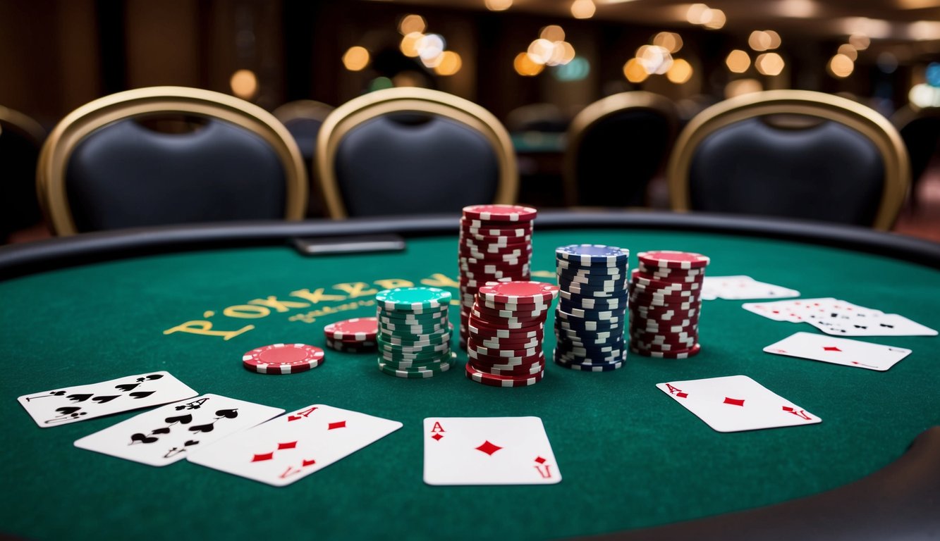 Sekelompok chip poker dan kartu tersebar di meja felt hijau, dengan kursi pemain dan tombol dealer