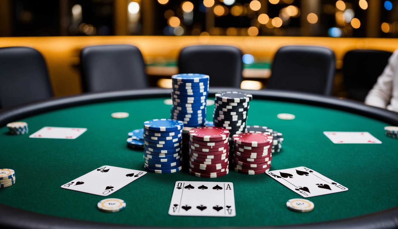 Sekelompok chip poker dan kartu bermain yang disusun di atas meja felt hijau, dikelilingi oleh kursi pemain dan tombol dealer