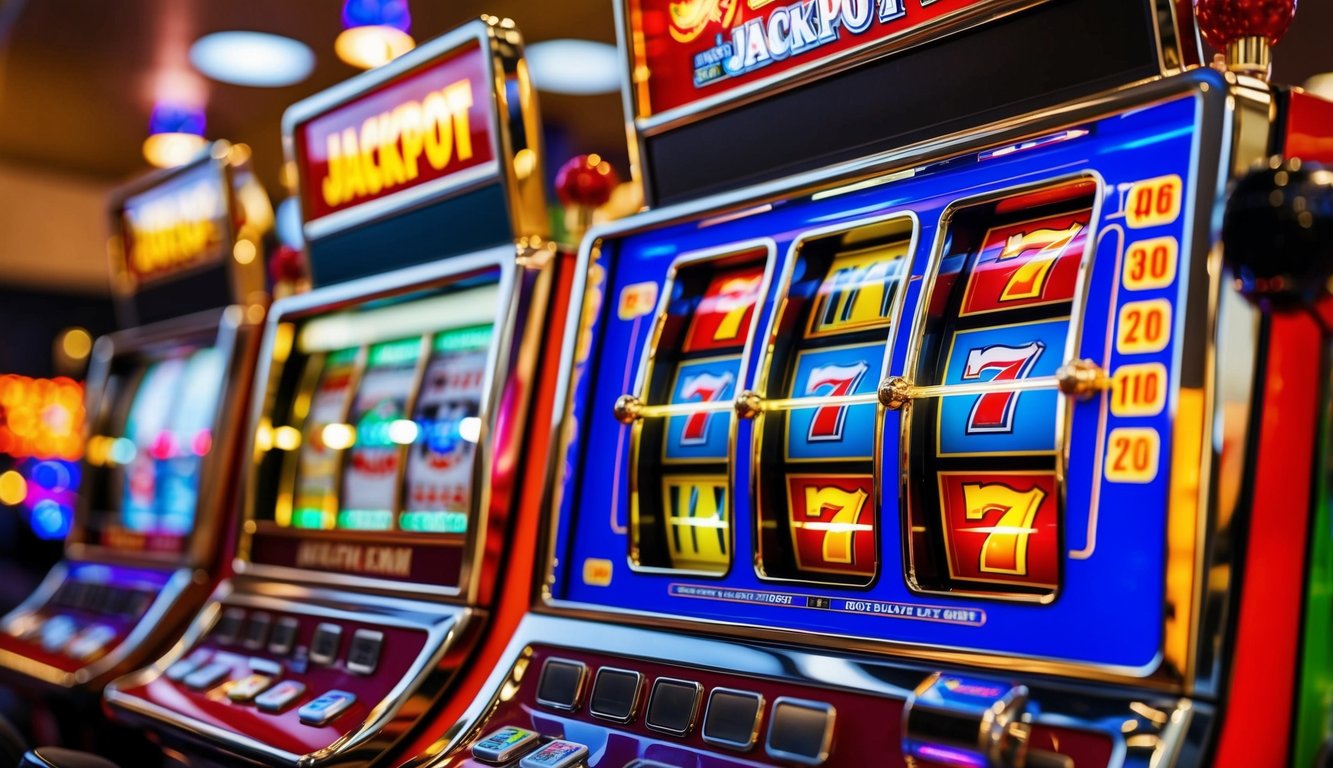 Mesin slot berwarna-warni dengan lampu berkedip dan tampilan jackpot besar