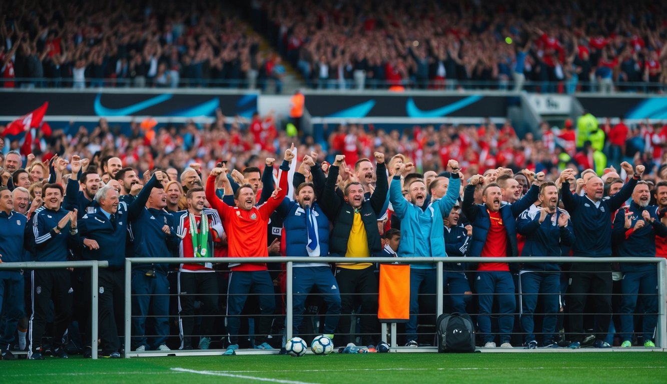 Sebuah stadion sepak bola yang ramai dengan penggemar yang bersorak dan pemain di lapangan