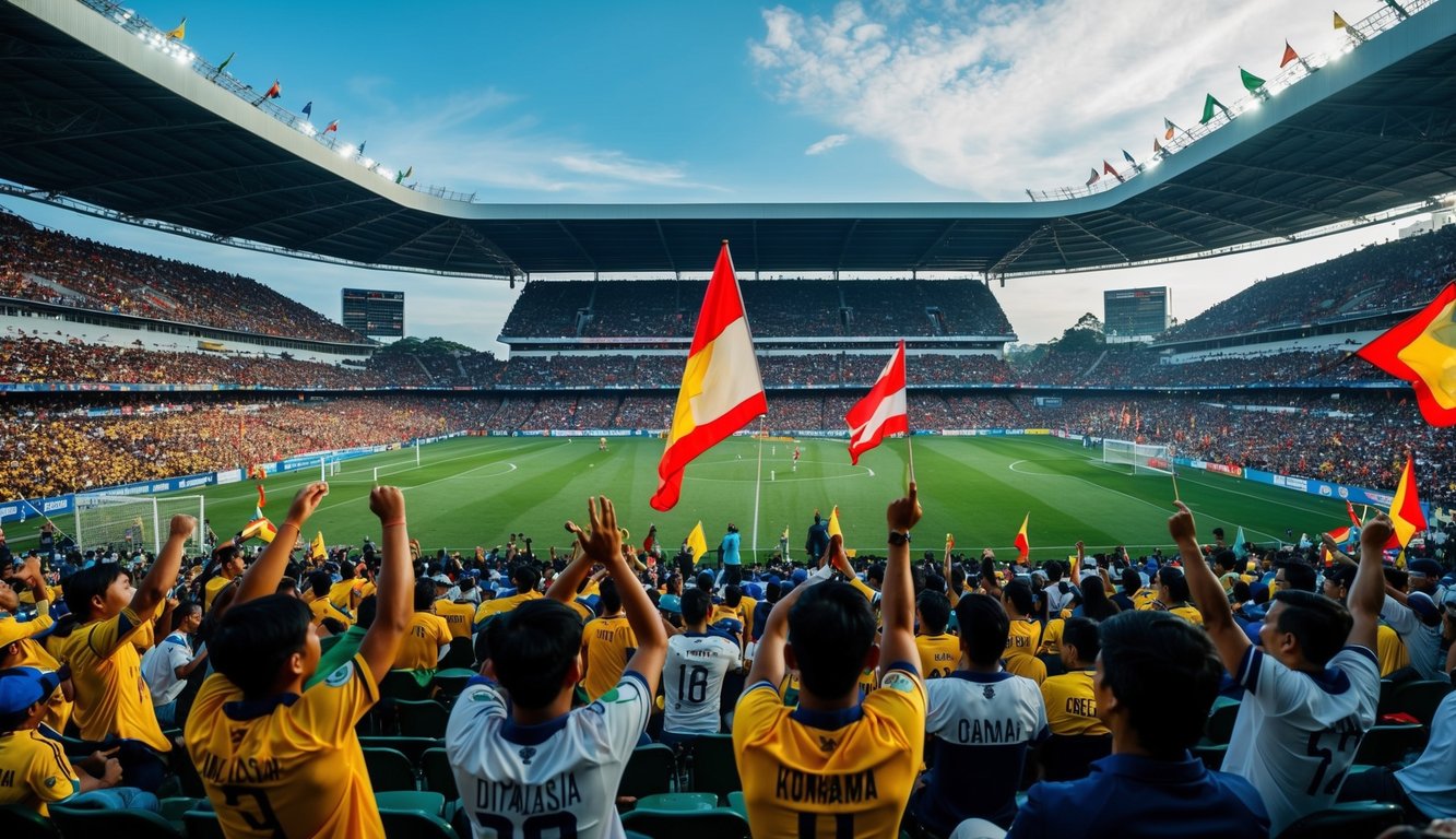 Sebuah stadion sepak bola yang ramai di Indonesia, dengan para penggemar bersorak dan melambaikan bendera