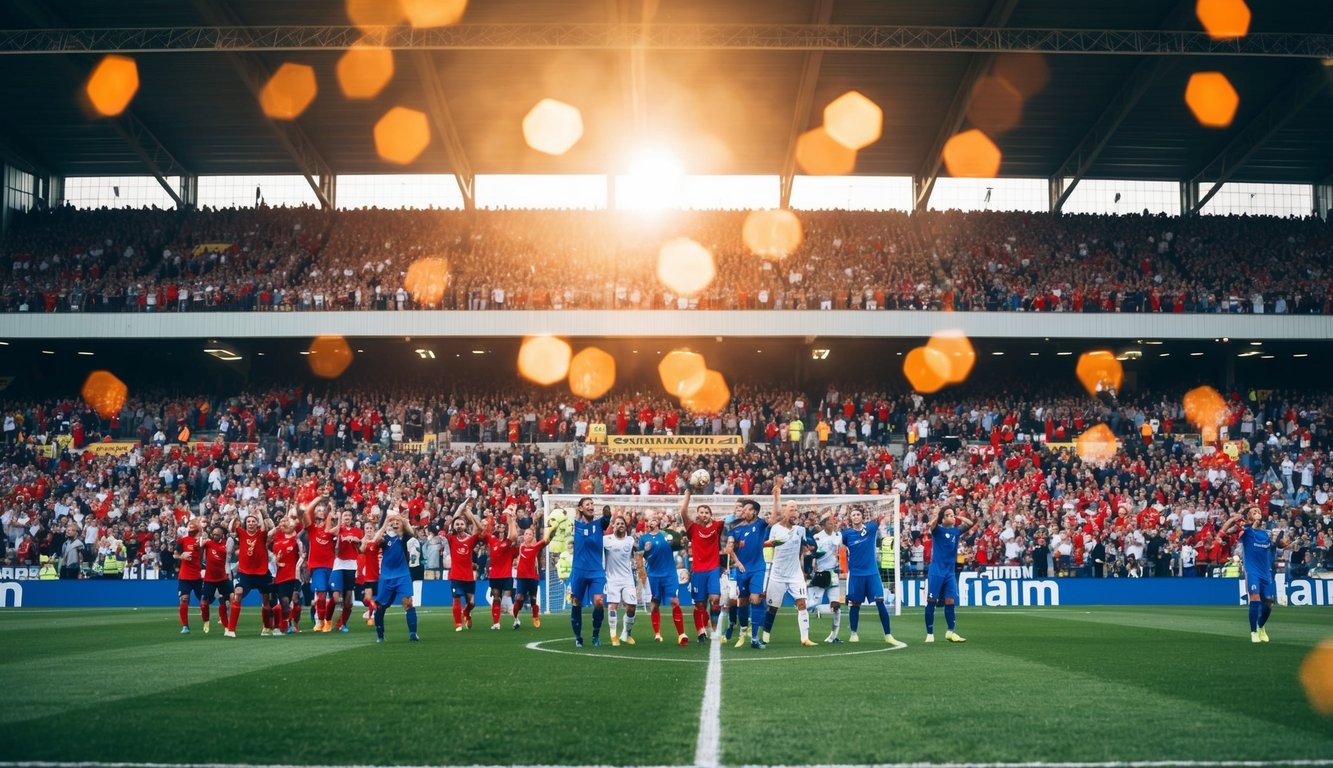 Sebuah stadion sepak bola yang ramai dengan penggemar yang bersorak dan pemain di lapangan