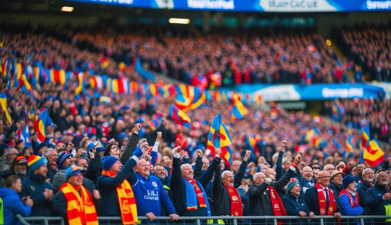 Sebuah stadion sepak bola yang ramai dengan penggemar yang bersorak dan spanduk berwarna-warni