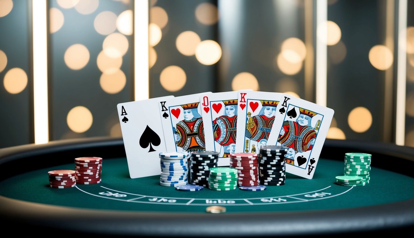 Meja blackjack digital dengan kartu dan chip, ditempatkan di latar belakang yang ramping dan modern