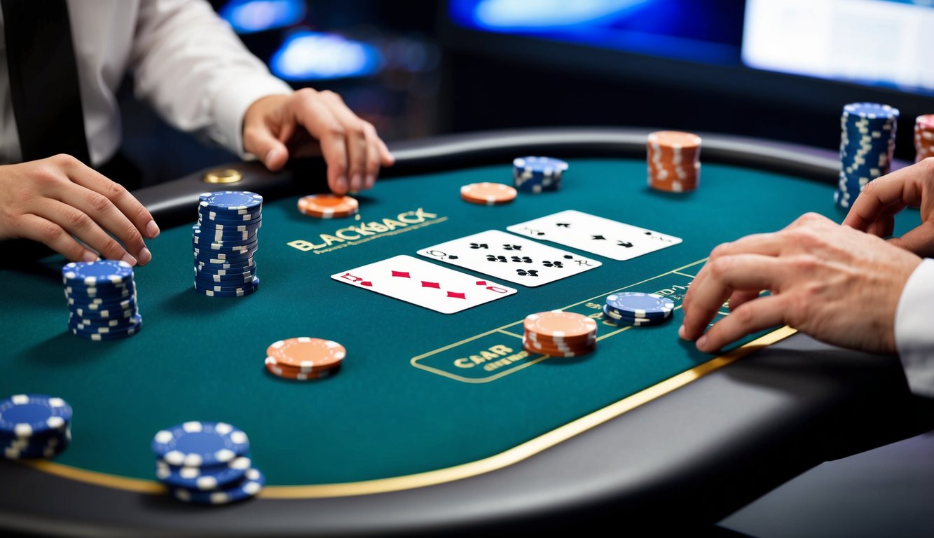 Sebuah meja blackjack digital dengan kartu yang terbuka dan chip virtual yang ditumpuk, dikelilingi oleh antarmuka yang ramping dan modern dengan pemain strategis yang membuat langkah-langkah terukur.