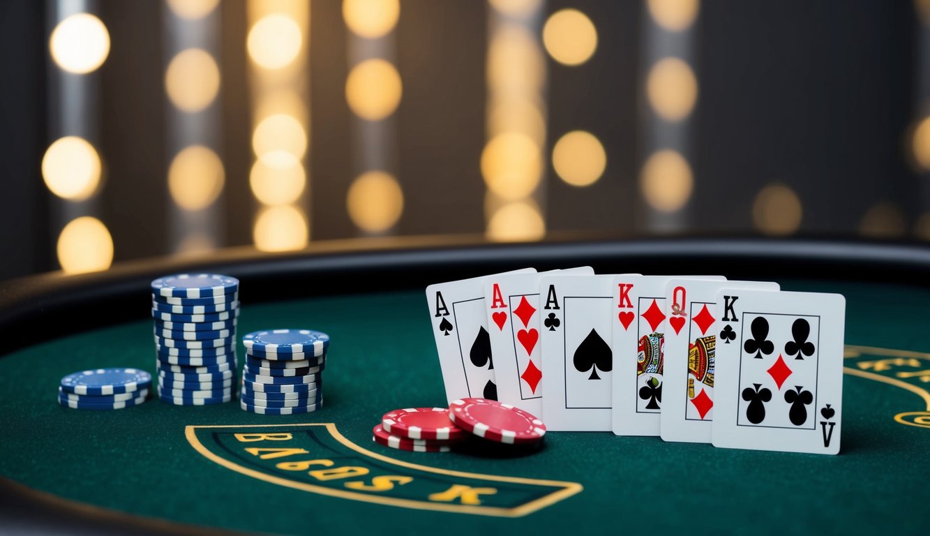 Sebuah meja blackjack virtual dengan kartu dan chip, dengan latar belakang gelap dan desain yang ramping dan modern