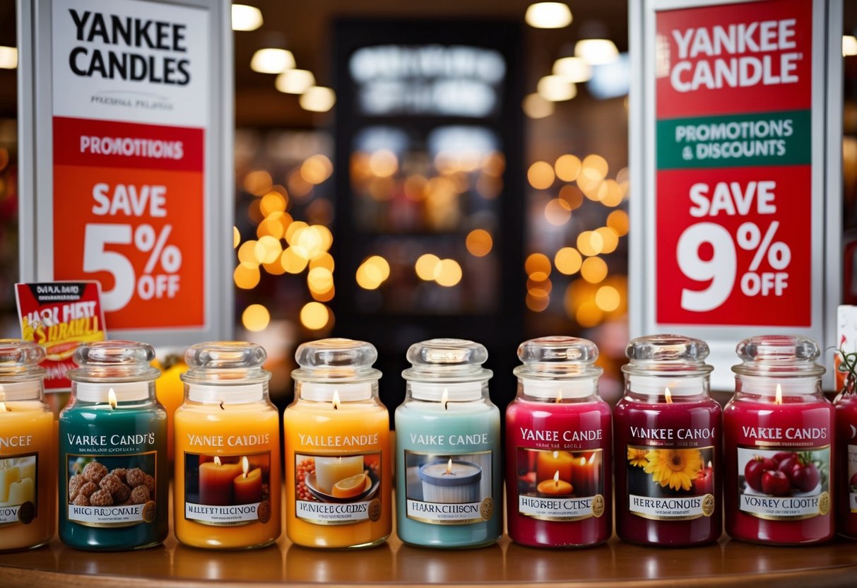 A table with various Yankee Candles on sale, surrounded by signs advertising promotions and discounts