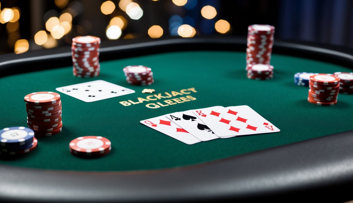 Sebuah meja blackjack virtual dengan kartu dan chip digital, dikelilingi oleh antarmuka yang ramping dan modern untuk permainan online