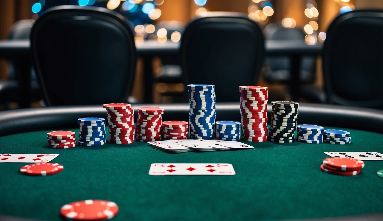 Sekelompok chip poker dan kartu yang disusun di atas meja felt hijau, dengan beberapa kursi pemain terlihat di sekitar tepi.