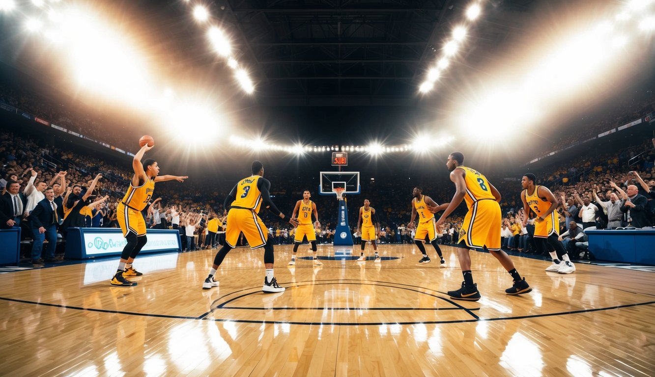 Sebuah lapangan basket dengan pemain yang sedang beraksi, dikelilingi oleh penggemar yang bersorak dan lampu stadion yang terang