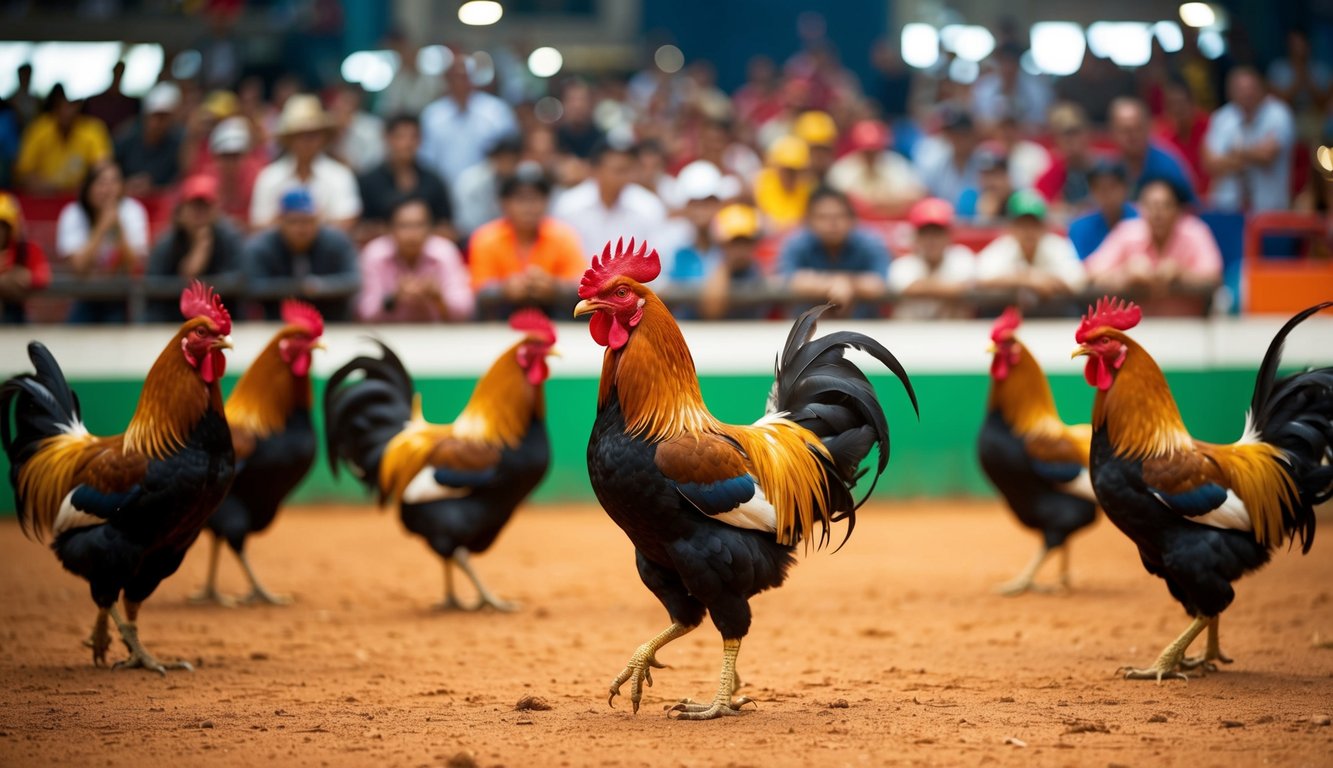 Arena sabung ayam online yang ramai dengan ayam jantan berwarna-warni dan penonton yang antusias