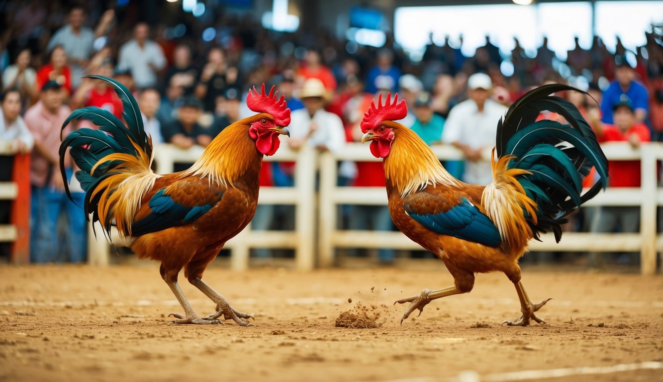 Sebuah arena sabung ayam yang ramai dengan penonton yang bersorak dan dua ayam jantan yang terlibat dalam pertarungan