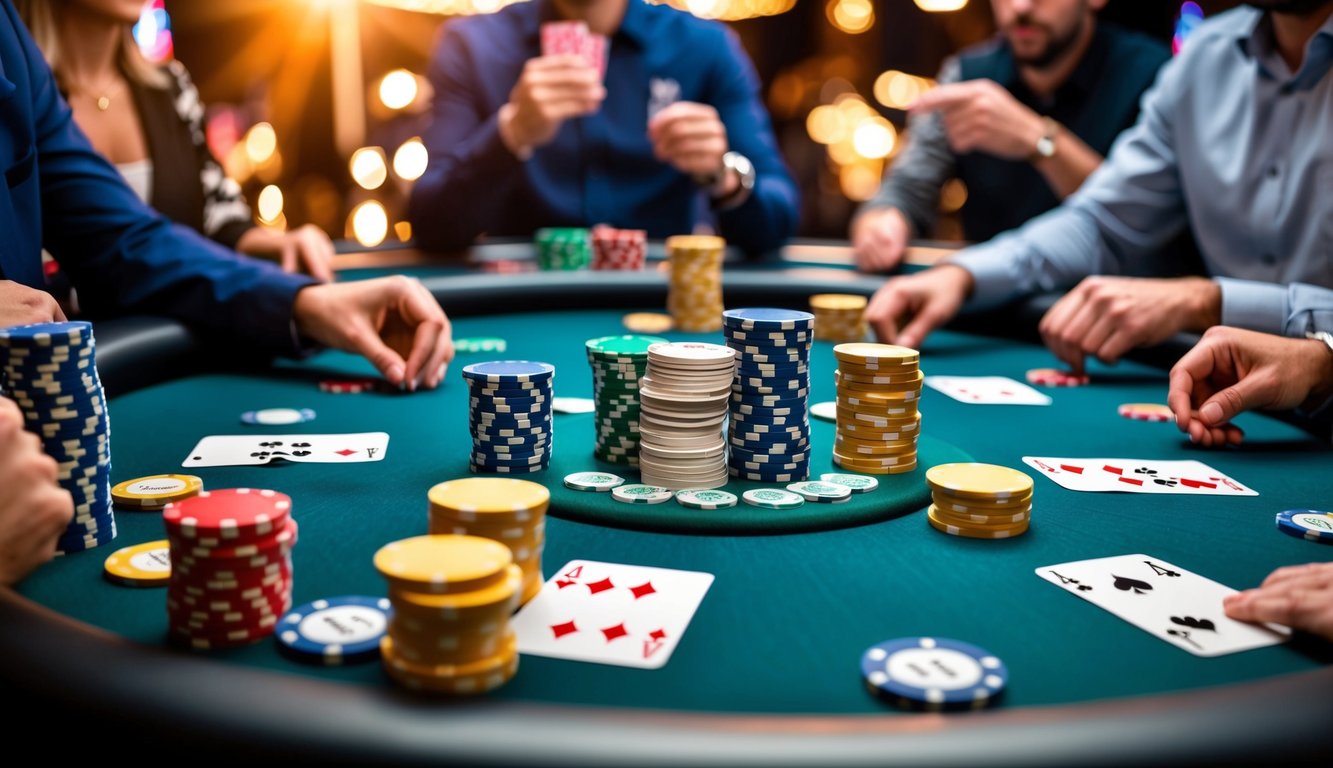 Sekelompok meja poker dengan chip dan kartu berwarna-warni, dikelilingi oleh pemain dalam suasana yang hidup dan kompetitif