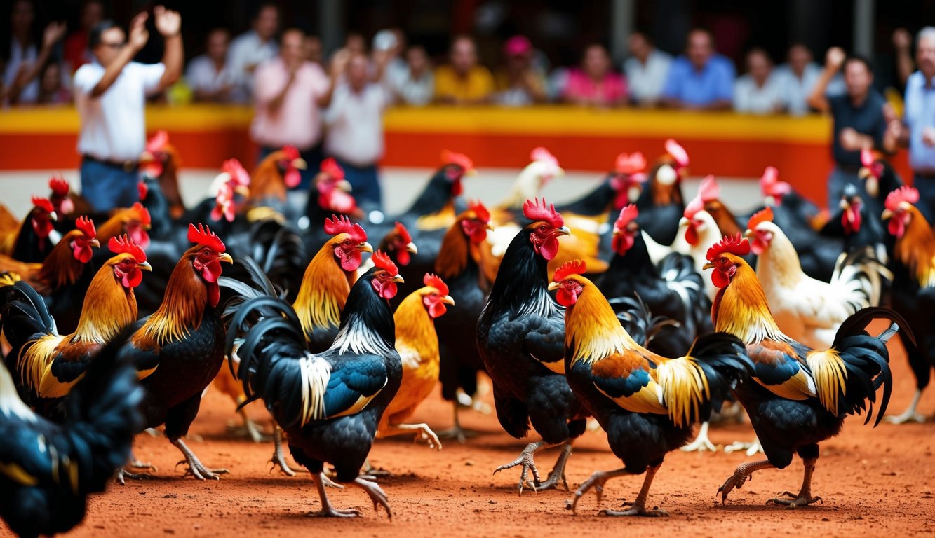 Sebuah arena yang ramai dipenuhi dengan ayam jantan berwarna-warni di tengah pertarungan ayam yang sengit, dikelilingi oleh penonton yang antusias mendukung burung kesayangan mereka