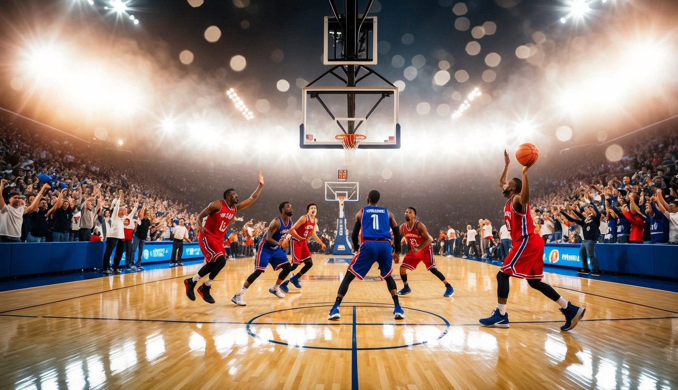 Sebuah lapangan basket dengan pemain yang sedang bertanding, dikelilingi oleh penggemar yang bersorak dan lampu stadion yang terang