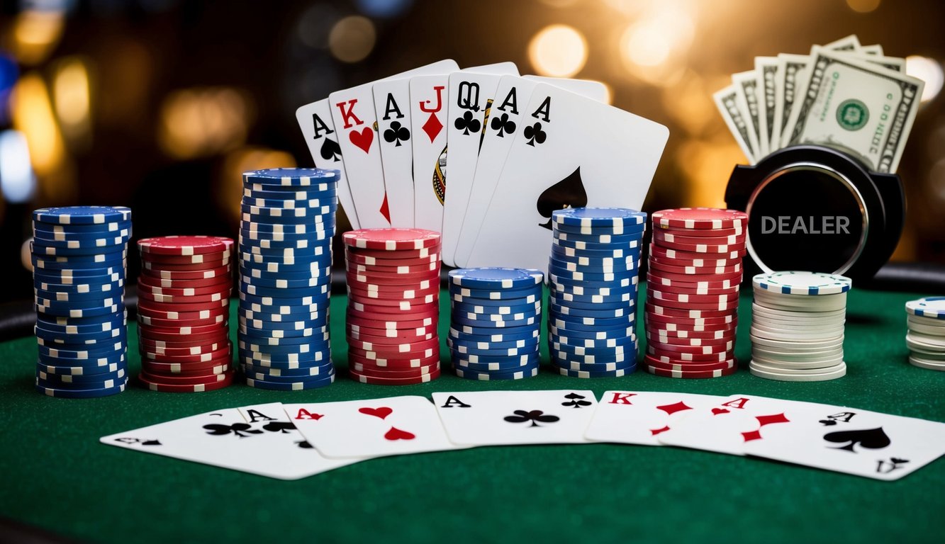 Sekelompok chip poker dan kartu bermain yang disusun di atas meja felt hijau, dengan tombol dealer dan tumpukan uang tunai di latar belakang