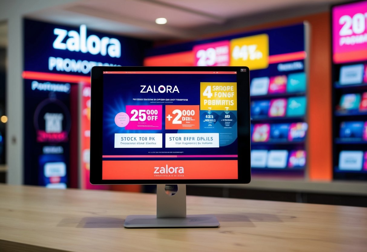 A vibrant digital display showcasing various Zalora promotions