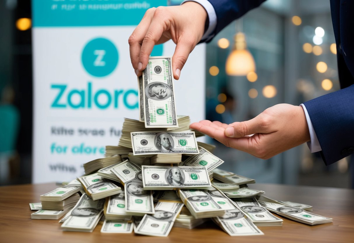 A pile of money grows larger as a hand places more bills on top, with a promotional banner for Zalora in the background
