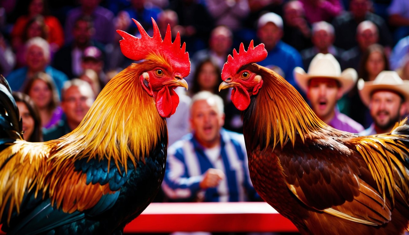 Seekor ayam jantan dan seekor ayam betina berhadapan di arena yang ramai dan berwarna-warni, dikelilingi oleh penonton yang antusias