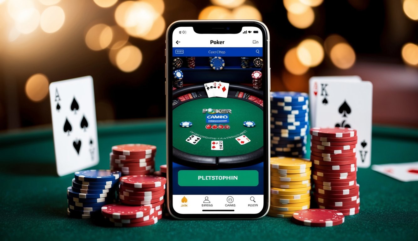 Sebuah smartphone yang menampilkan aplikasi permainan poker, dikelilingi oleh chip kasino dan kartu bermain