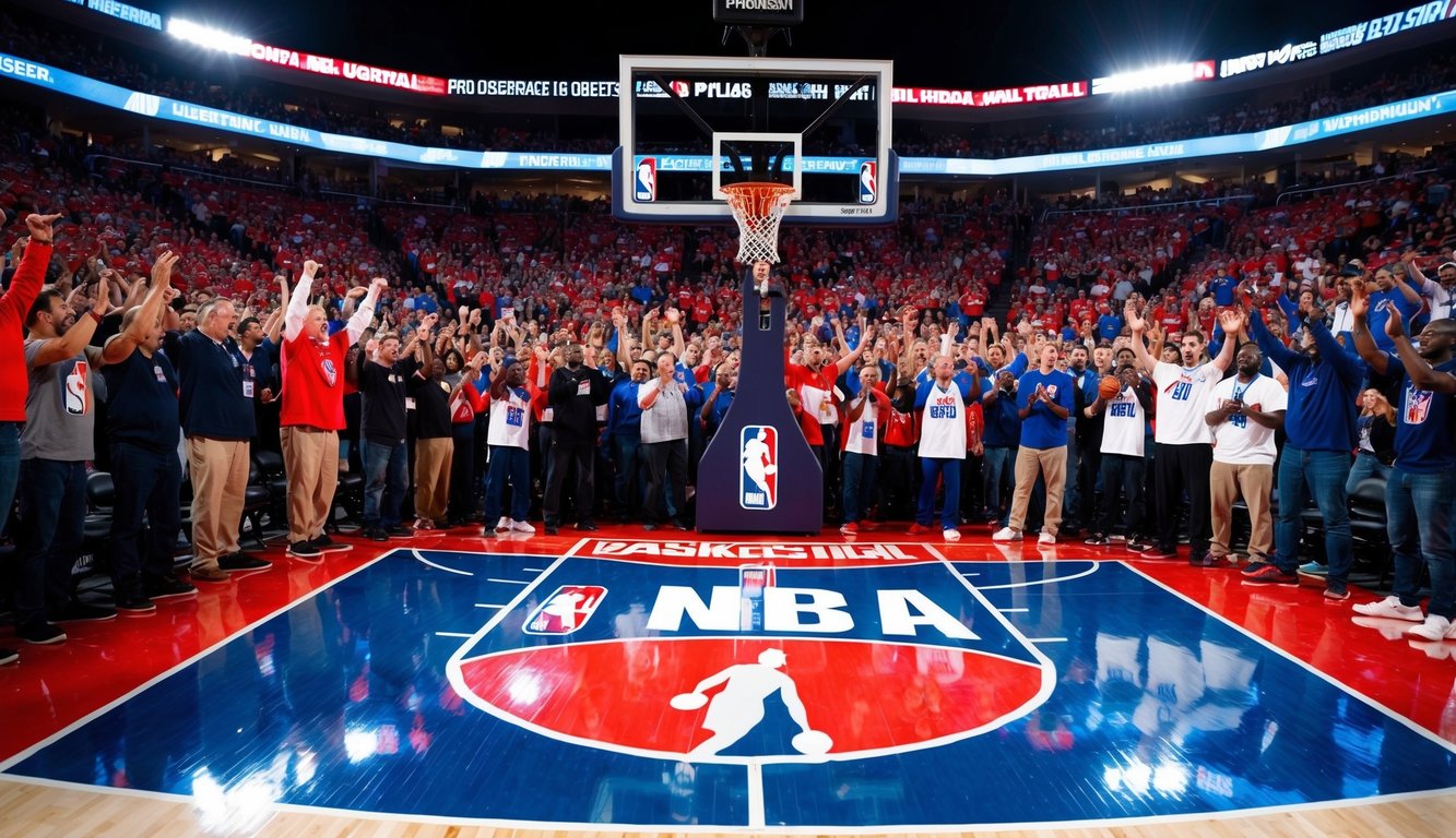 Sebuah lapangan basket dengan logo NBA, dikelilingi oleh penggemar yang bersorak