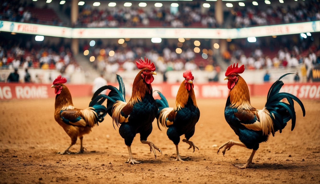 Arena sabung ayam yang ramai dengan penonton yang bersorak dan ayam jantan berwarna-warni dalam panasnya pertarungan