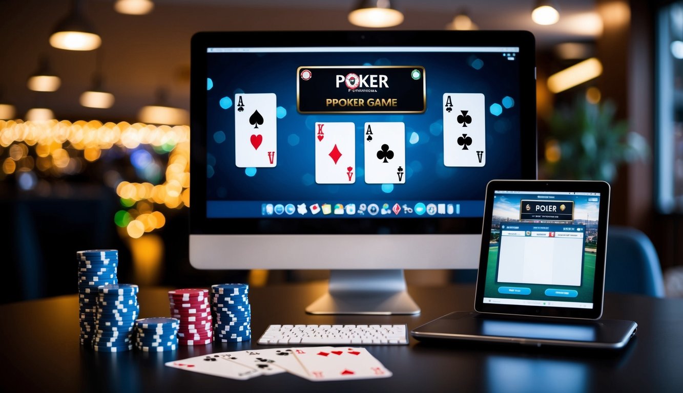 Sekelompok chip poker, kartu, dan layar komputer dengan permainan poker yang ditampilkan