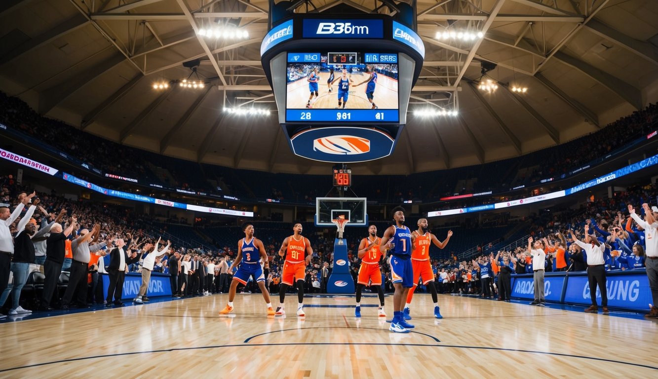 Sebuah lapangan basket dengan dua tim berkompetisi, penggemar bersorak, dan papan skor menunjukkan skor pertandingan