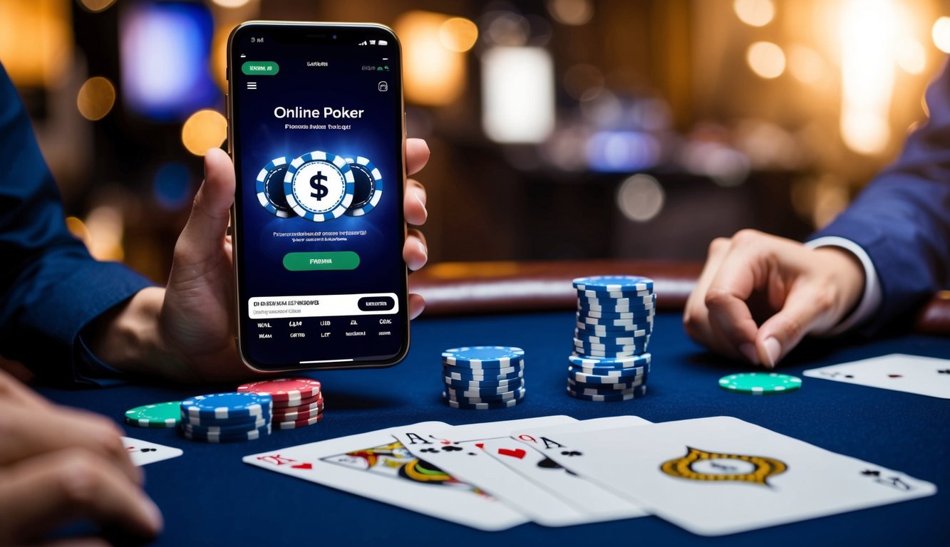 Sebuah meja dengan chip poker, kartu, dan perangkat digital yang menampilkan aplikasi poker online