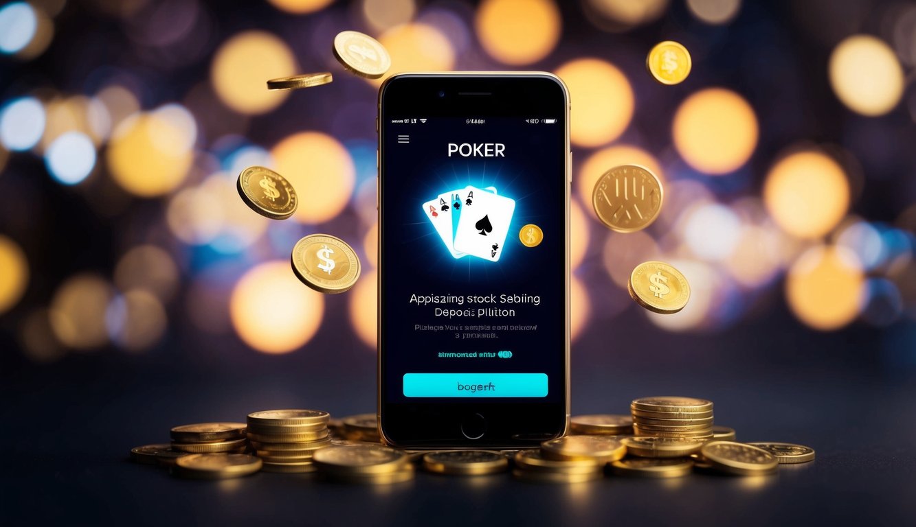 Sebuah smartphone dengan layar yang bersinar menampilkan aplikasi poker, dikelilingi oleh koin-koin yang tersebar dan tombol setoran yang berdenyut.