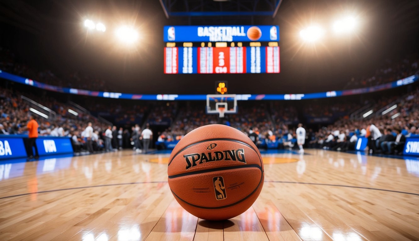 Sebuah lapangan basket dengan papan skor yang menampilkan jadwal pertandingan NBA untuk taruhan