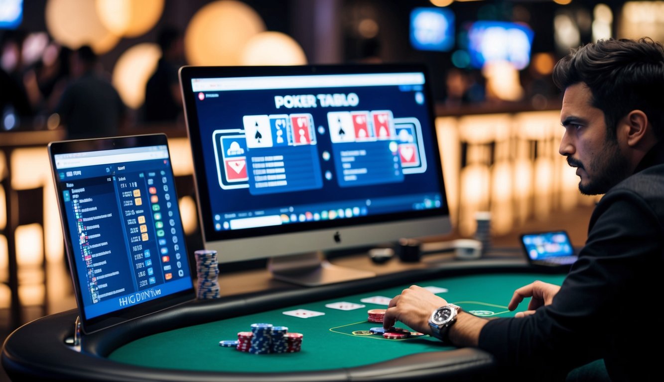 Sebuah meja poker dengan kartu dan chip digital, layar komputer yang menunjukkan antarmuka permainan online, dan ekspresi intens seorang pemain