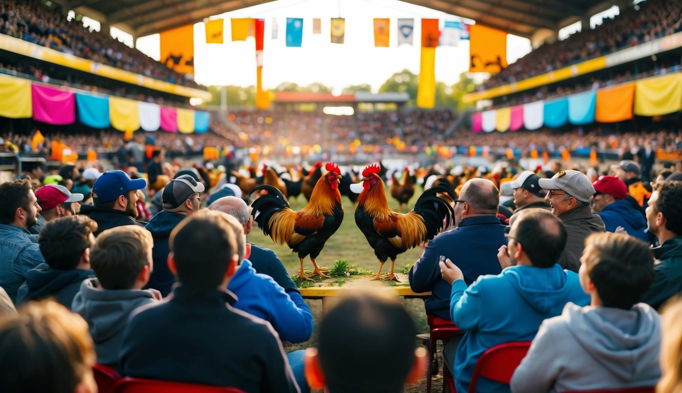 Sebuah arena luar ruangan yang ramai dengan ayam jantan di tengah, dikelilingi oleh penonton yang bersorak dan spanduk berwarna-warni