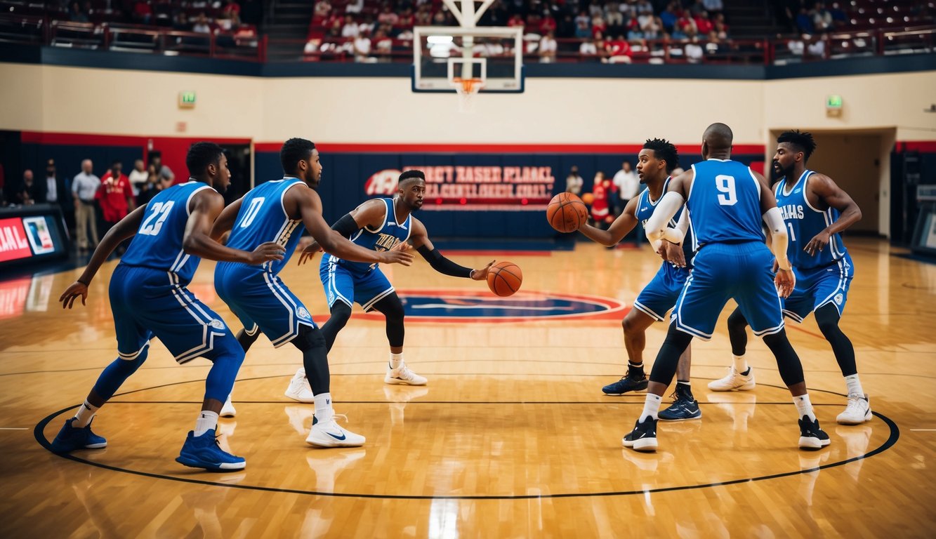 Sebuah lapangan basket dengan pemain yang menjalankan strategi permainan