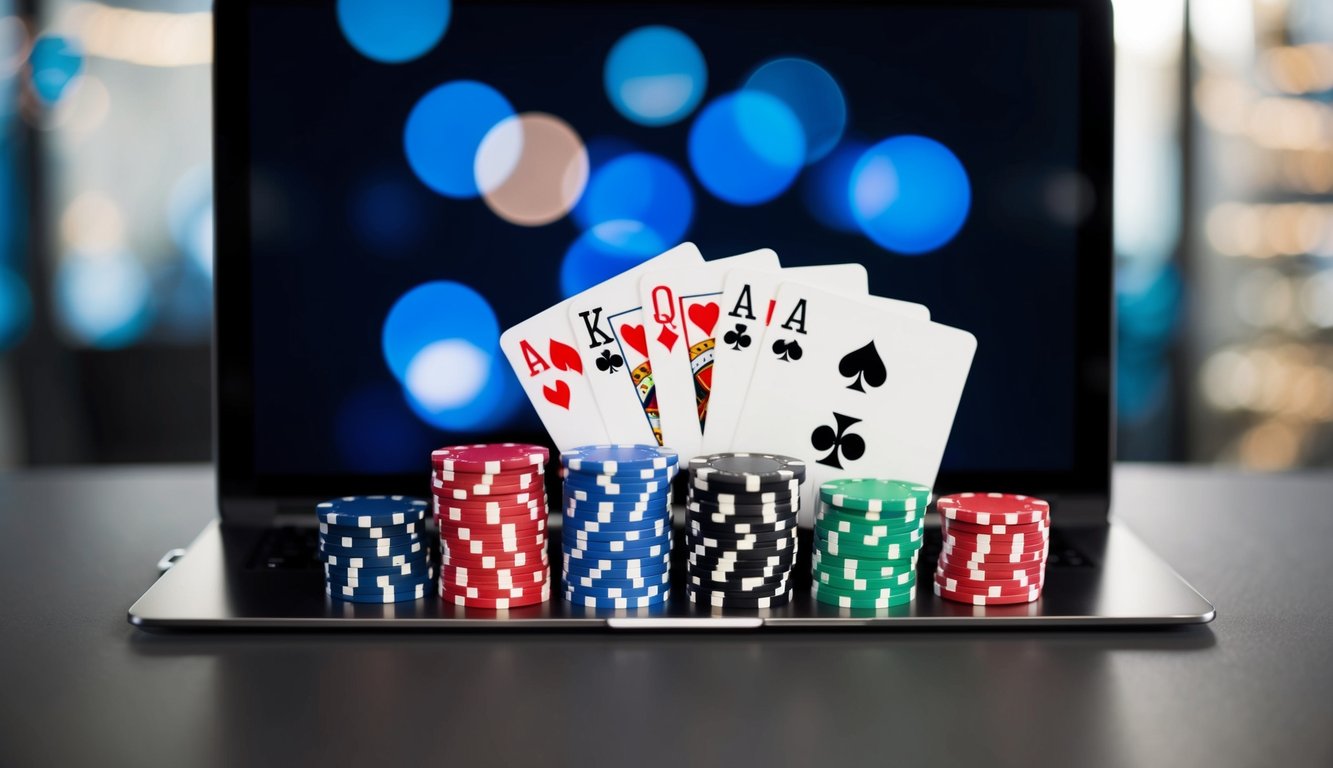 Sekelompok chip poker dan kartu bermain yang disusun di antarmuka digital, dengan desain yang ramping dan modern