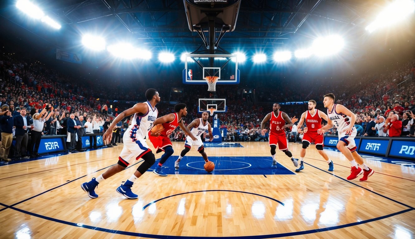 Sebuah lapangan basket dengan pemain yang sedang beraksi, dikelilingi oleh penggemar yang bersorak dan lampu stadion yang terang