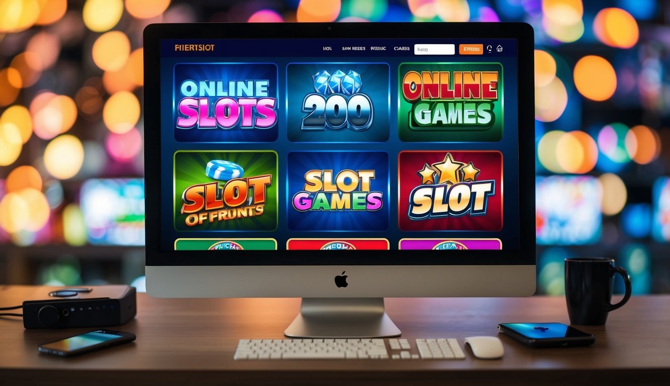 Sebuah layar komputer menampilkan berbagai permainan slot online dengan grafik berwarna-warni dan tombol-tombol