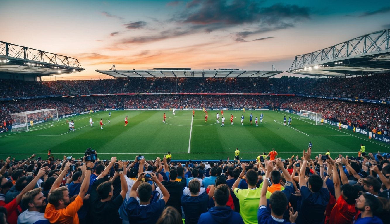 Sebuah stadion sepak bola yang ramai dengan penggemar yang bersorak dan pemain di lapangan