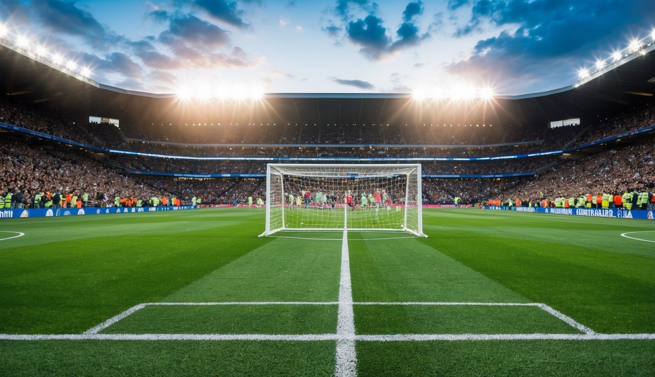 Sebuah lapangan sepak bola dengan gawang, dikelilingi oleh penggemar yang bersorak dan lampu stadion yang terang