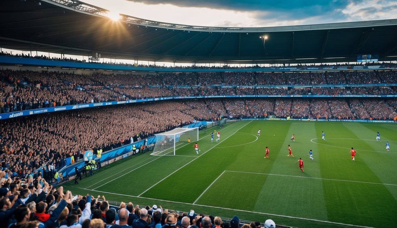 Sebuah stadion yang ramai dengan penggemar yang bersorak dan lapangan sepak bola dengan pemain yang sedang beraksi