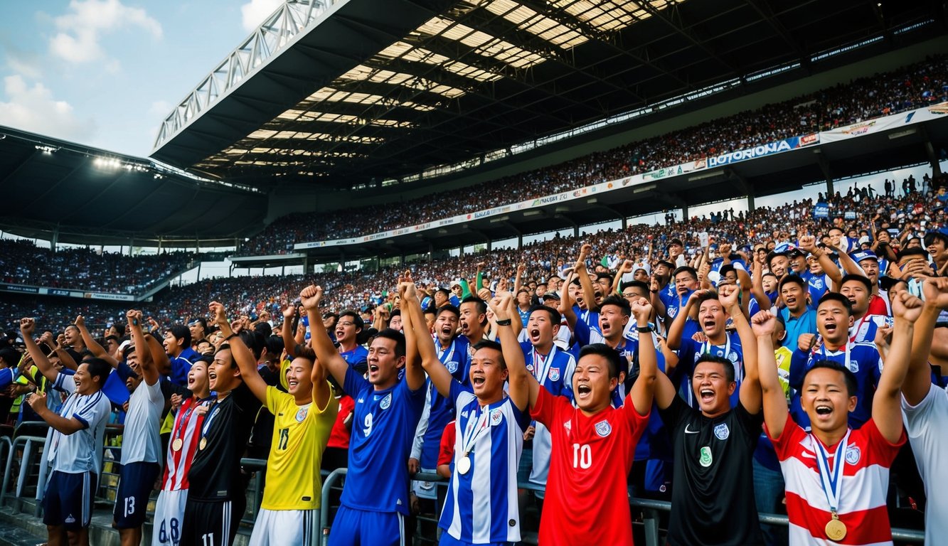 Sebuah stadion yang ramai di Indonesia, dengan penggemar yang antusias bersorak untuk tim sepak bola mereka